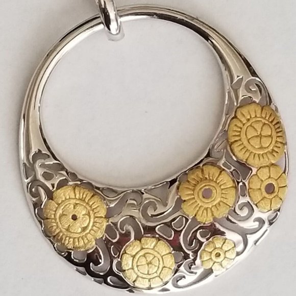 925 Sterling Silver 18K Gold Non Tarnish Large Open Circle Filigree Look Pendant - Picture 1 of 9
